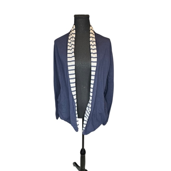 Eddie Bauer Open Front Cardigan – Navy Blue with Striped Trim Women’s Small B430 - Picture 1 of 8
